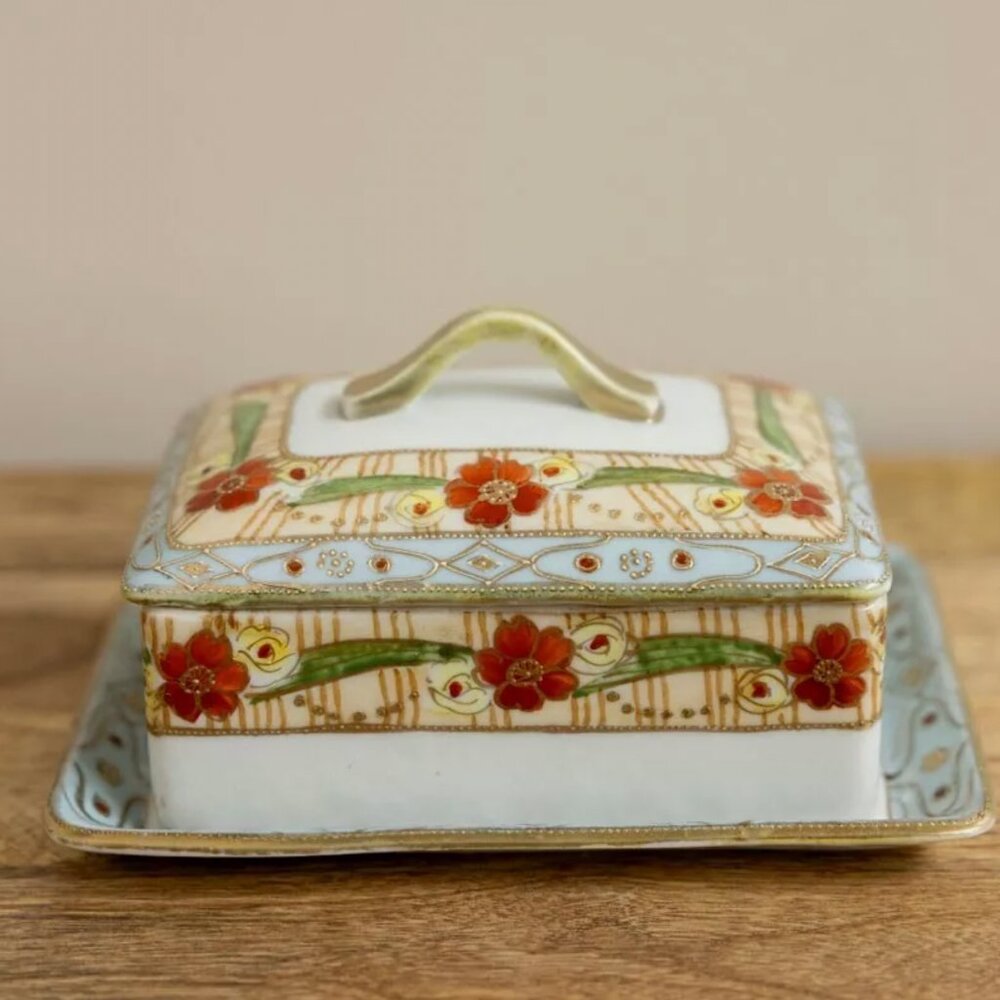 Antique Hand-Painted Nippon Japan Porcelain Covered Box with Tray